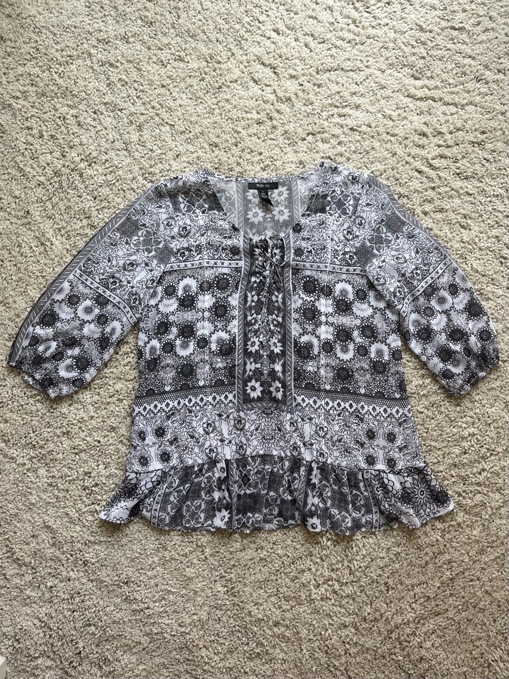 Style & Co. Sheer Black & White Floral Tie-Neck 3/4 Sleeve Boho Blouse